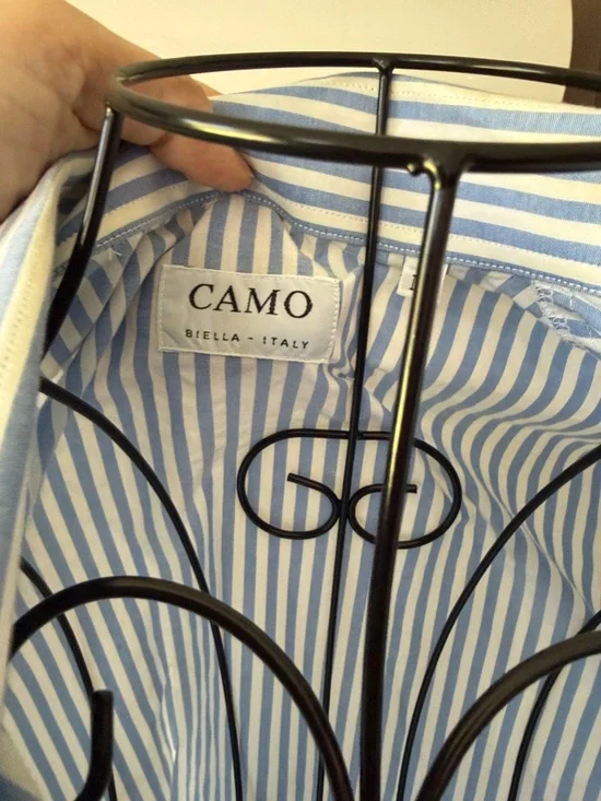 Camo Blue & White Striped Women's Button-Down Shirt - Picture 2 of 7